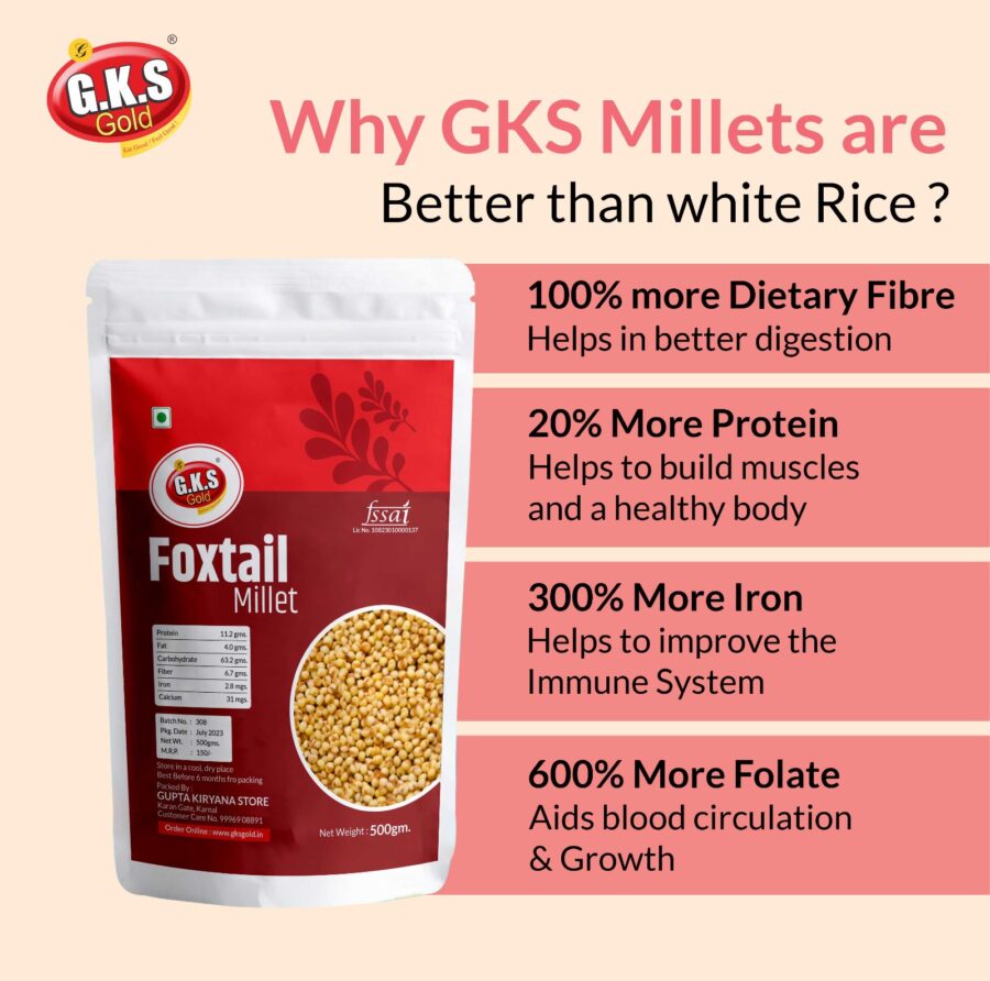 GKS Millets 2.5Kg - Natural Grains Combo Pack of 5 | Unpolished Millets | Siridhanya | Foxtail 500g, Kodo 500g, Proso 500g, Little 500g, Barnyard 500g |100% more Fibre than Rice
