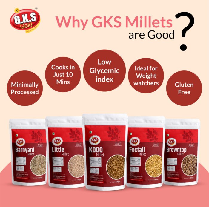 GKS Millets 2.5Kg - Natural Grains Combo Pack of 5 | Unpolished Millets | Siridhanya | Foxtail 500g, Kodo 500g, Proso 500g, Little 500g, Barnyard 500g |100% more Fibre than Rice